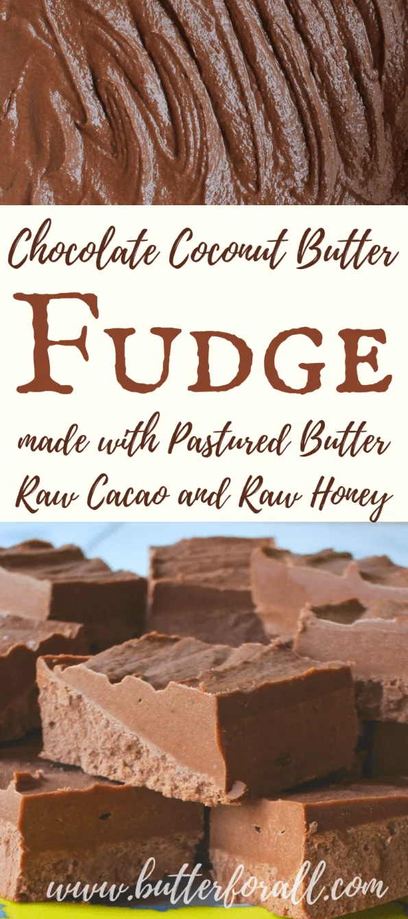 Chocolate fudge collage with text overlay.