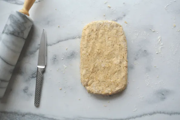 Shortcake dough haped into a rectangle.
