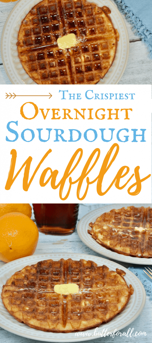 A collage of sourdough waffles with text overlay.