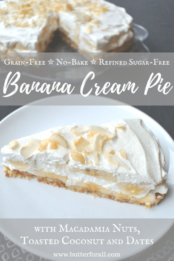 A slice of no-bake banana cream pie on a plate with text overlay.