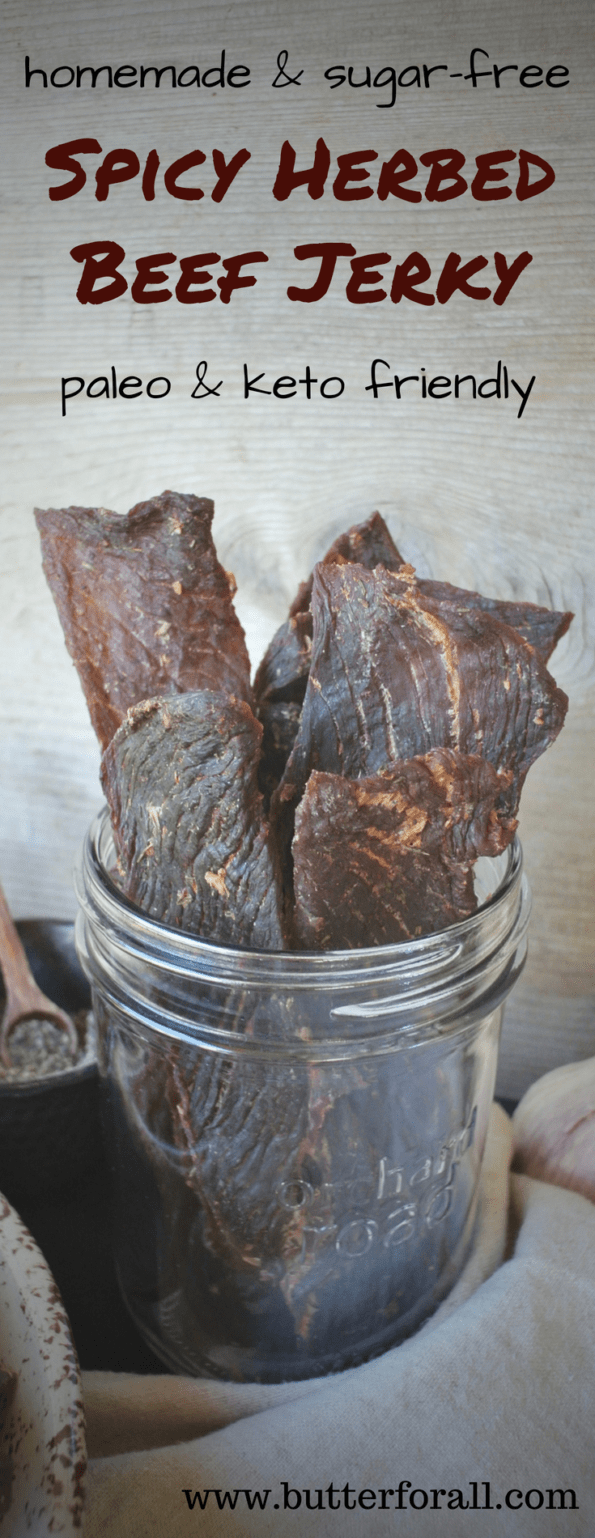 A jar of keto-friendly beef jerky with text overlay.