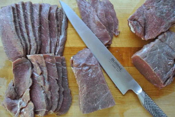 Beef cut into strips.