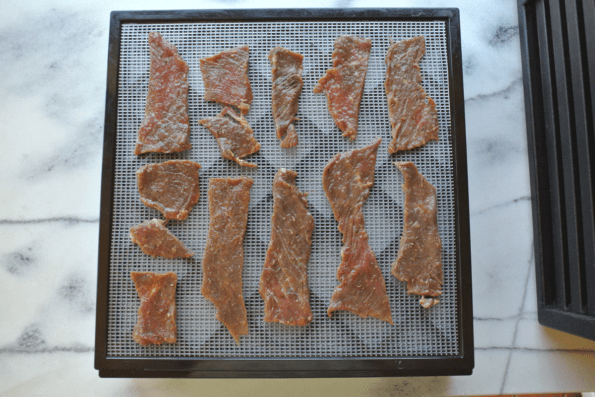 The beef strips laid out on a dehydrator tray.