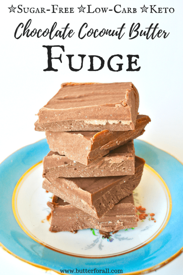 Pieces of rich coconut chocolate fudge stacked on a plate with text overlay.