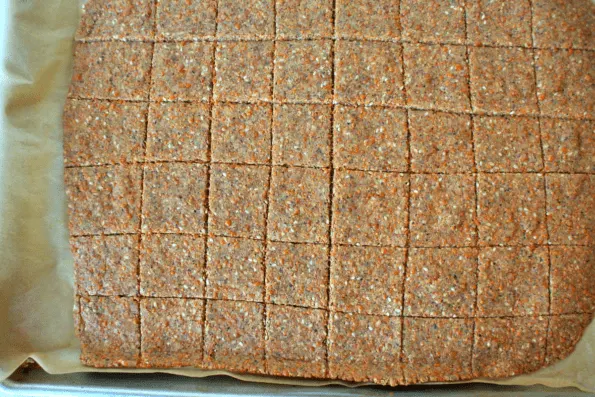 A close-up of sesame, cheese, and nut cracker dough rolled out and scored into squares.