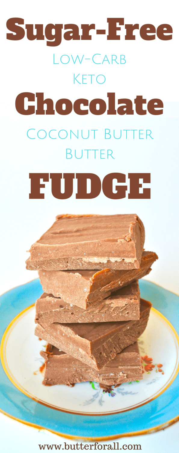 A stack of sugar-free keto fudge with text overlay.