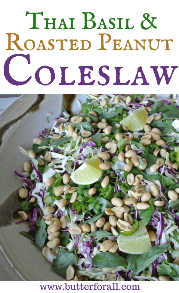 A bowl of Thai basil and roasted peanut slaw with text overlay.