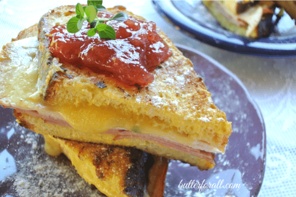 A Monte Cristo sandwich topped with jam.