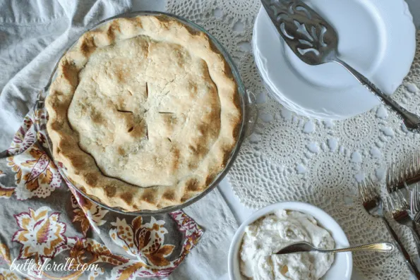 The baked pie on a table ready to serve.