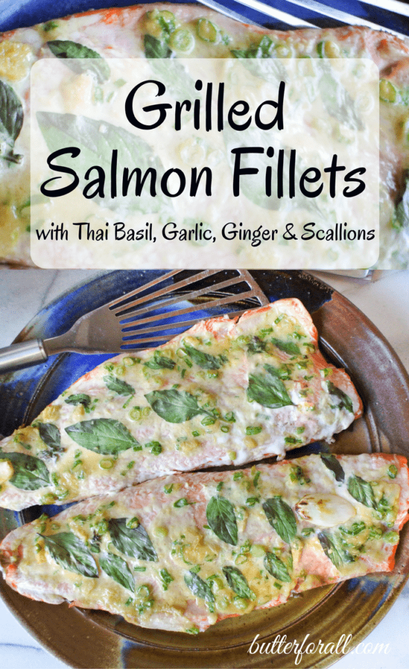 Baked salmon fillets on a plate with text overlay.