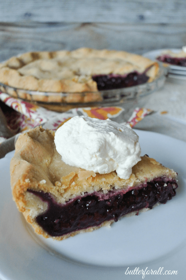A slice of blackberry pie topped with whipped cream.