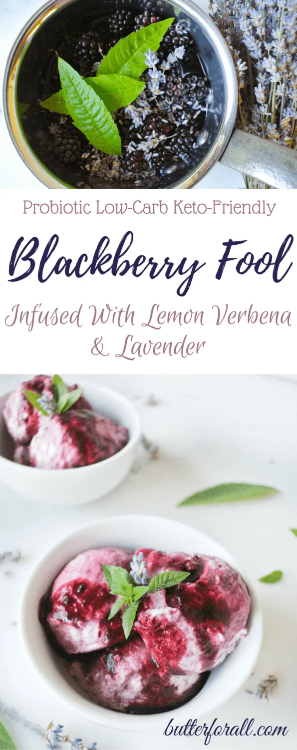A collage of a bowl of blackberries and a dish of blackberry fool with text overlay.