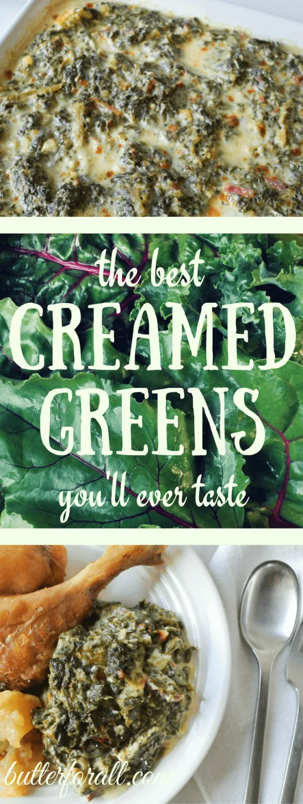 A collage of creamed greens with text overlay.
