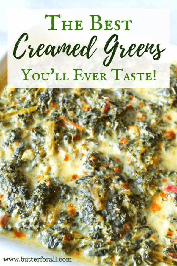 A close-up of creamed greens with text overlay.