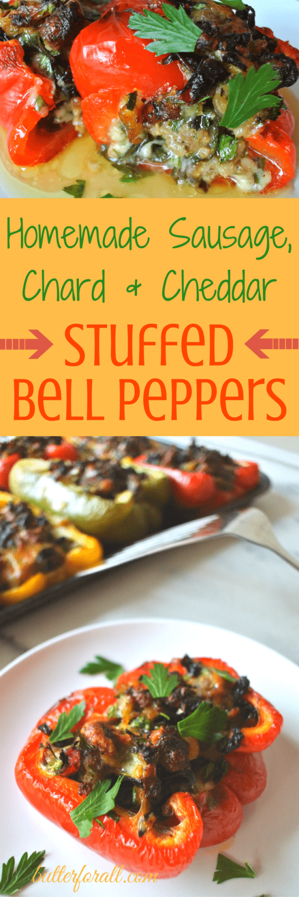 A collage of stuffed bell peppers and text overlay.