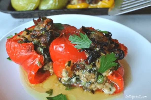 A close-up of a plate of baked stuffed bell pepper.