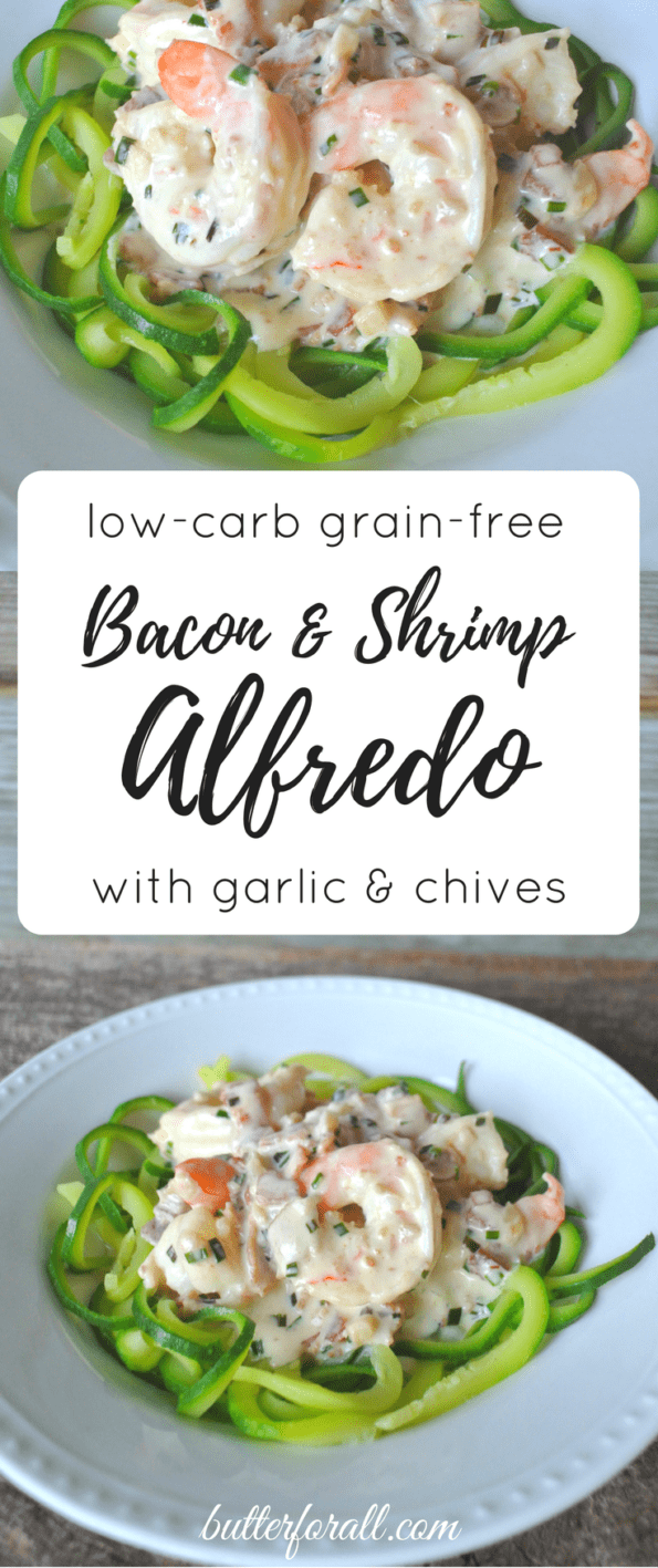 A collage of creamy bacon and shrimp Alfredo with text overlay.