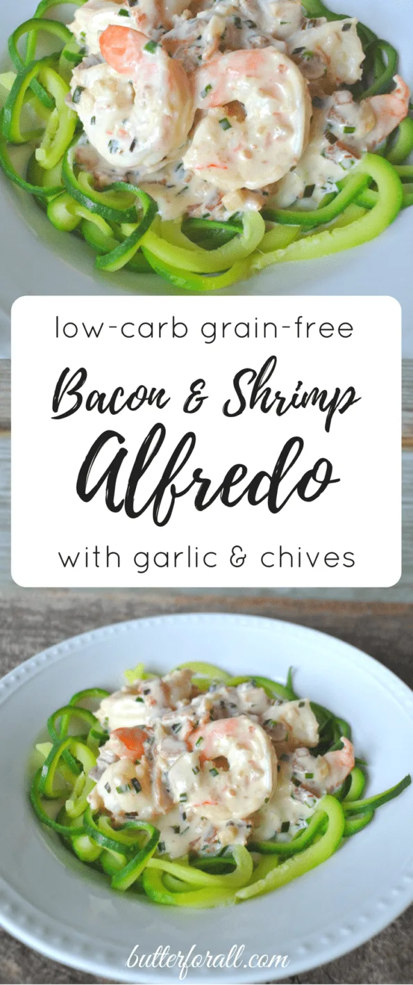 A collage of creamy bacon and shrimp Alfredo with text overlay.