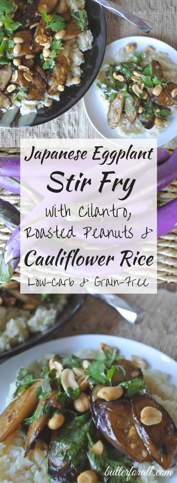 A collage of plated Japanese eggplant stir fry with text overlay.