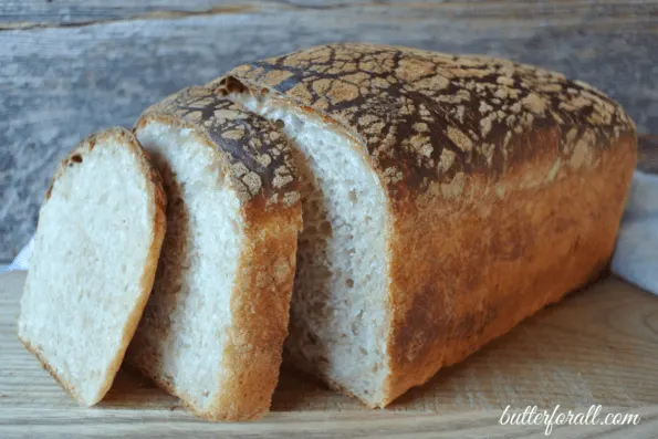 A loaf of sliced butter top sourdough.