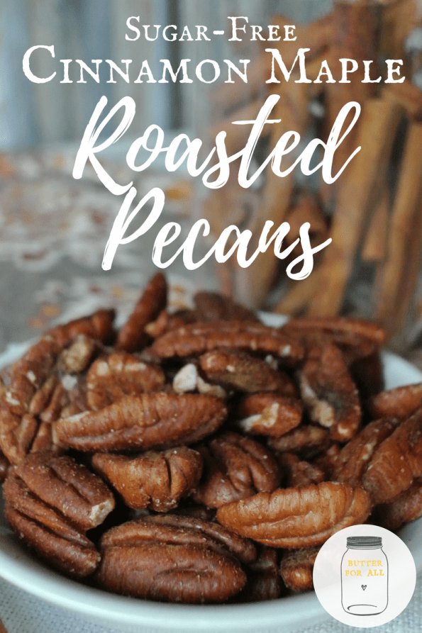 A plate of roasted pecans with text overlay.