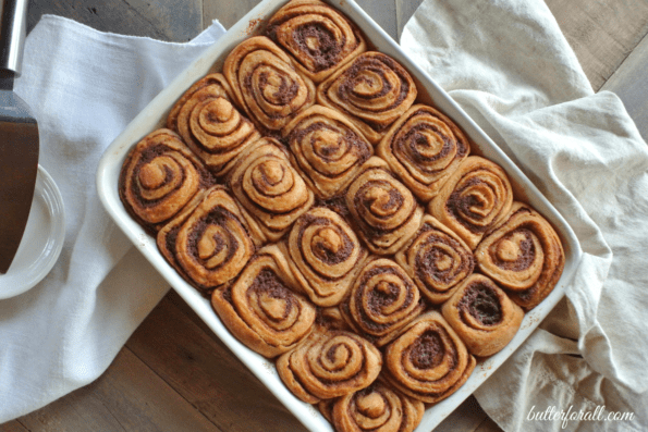 A pan of cinnamon sourdough honey buns.