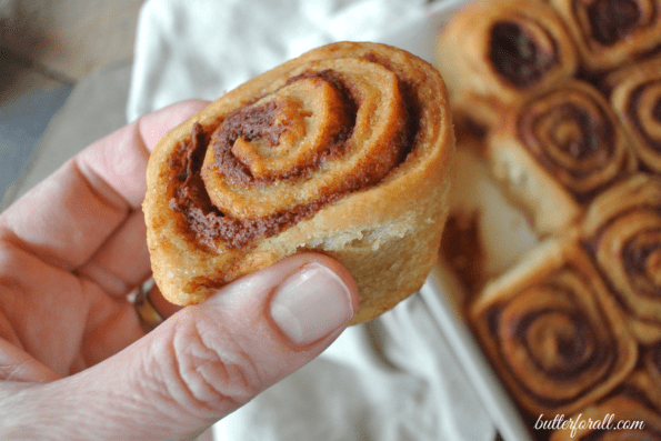 A close-up of one cinnamon sourdough honey bun.