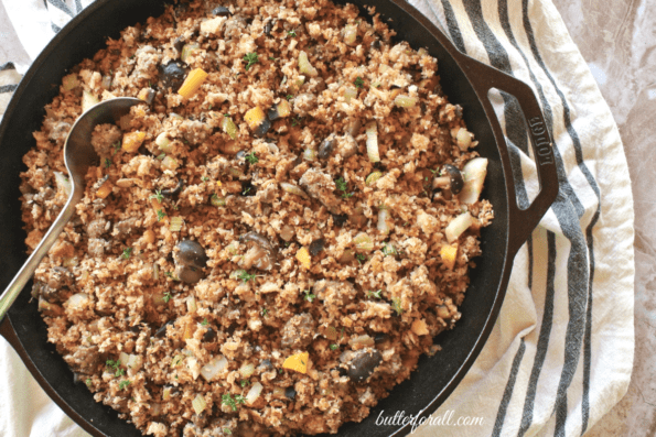 Sourdough stuffing in a pan.