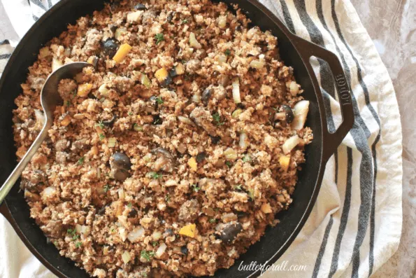 Sourdough stuffing in a pan.