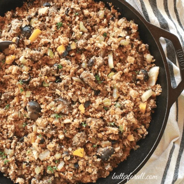 Sourdough Stuffing With Mixed Mushrooms, Spicy Sausage And Thyme