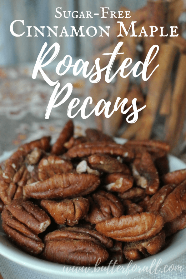 A plate of roasted pecans with text overlay.