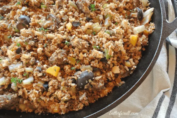 A close-up of sourdough stuffing in a pan.