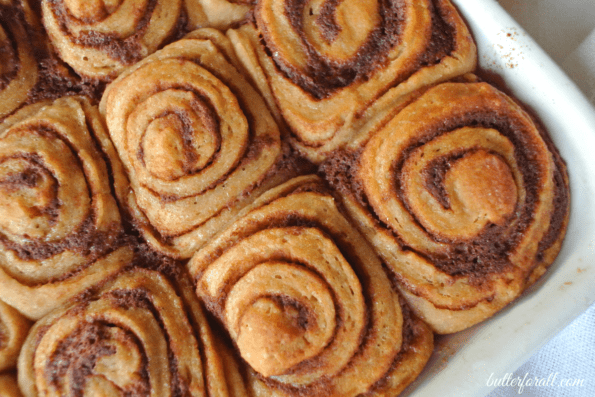 A close-up of cinnamon sourdough honey buns.