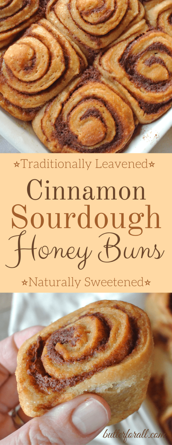 A collage of cinnamon sourdough honey buns with text overlay.