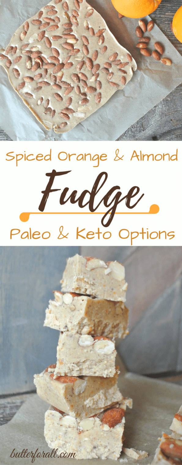 A collage of spiced orange and almond fudge with text overlay.