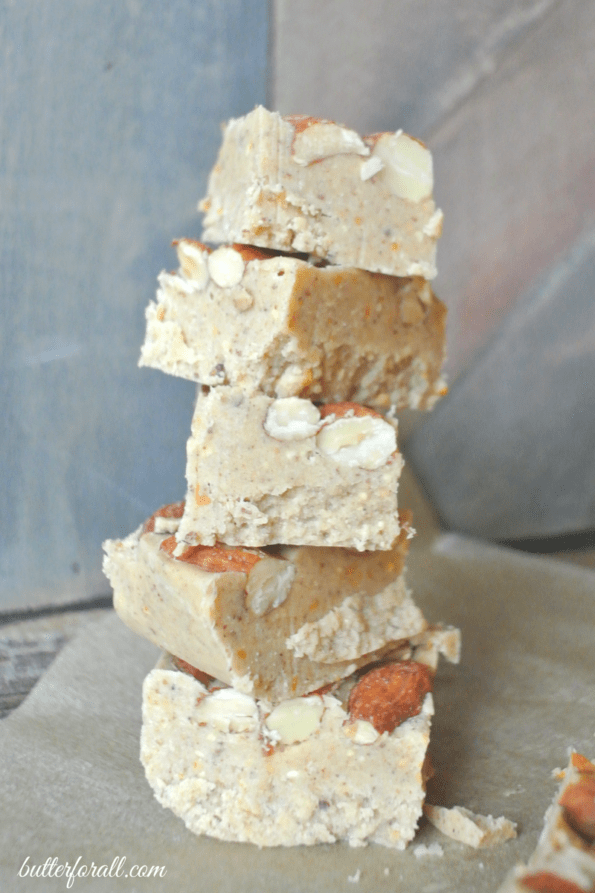 A stack of spiced orange and almond fudge squares.