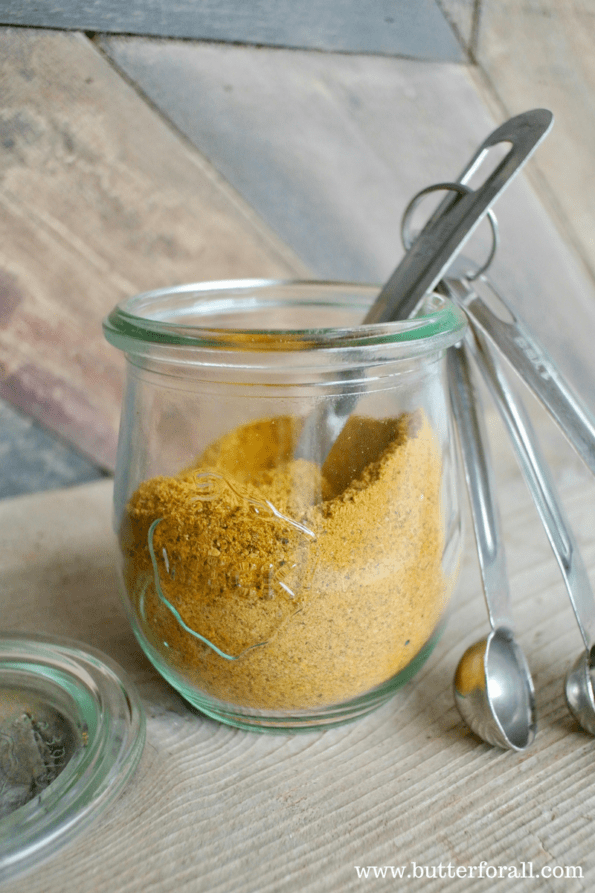 A jar of dehydrated fire cider spice blend.
