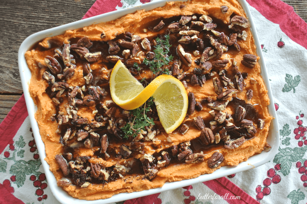 Rich And Creamy Sweet Potato Casserole With Browned Butter And Cinnamon Maple Pecans