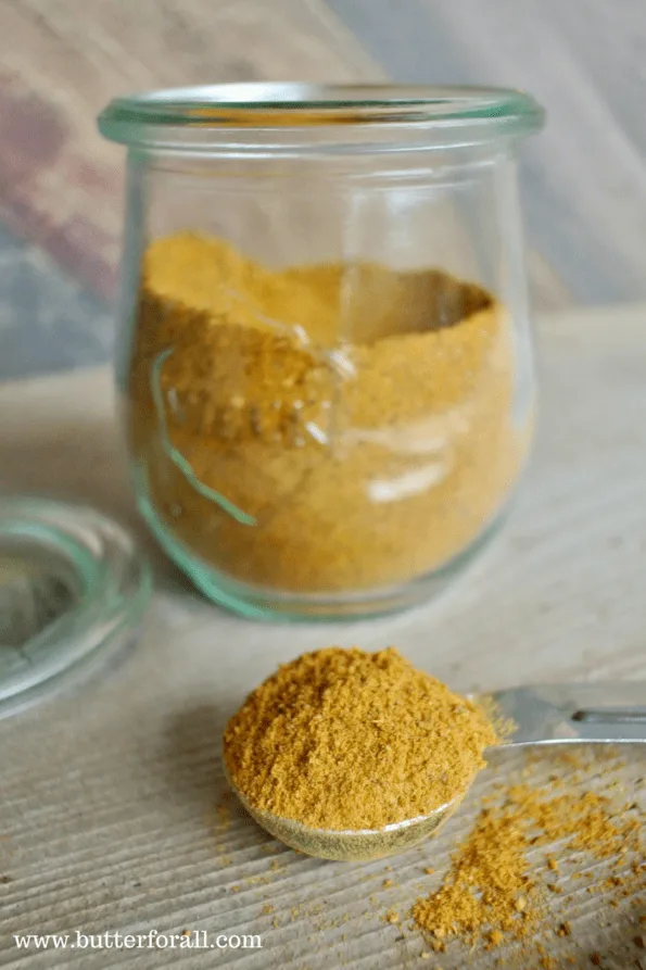 A jar of ground fire cider spices.