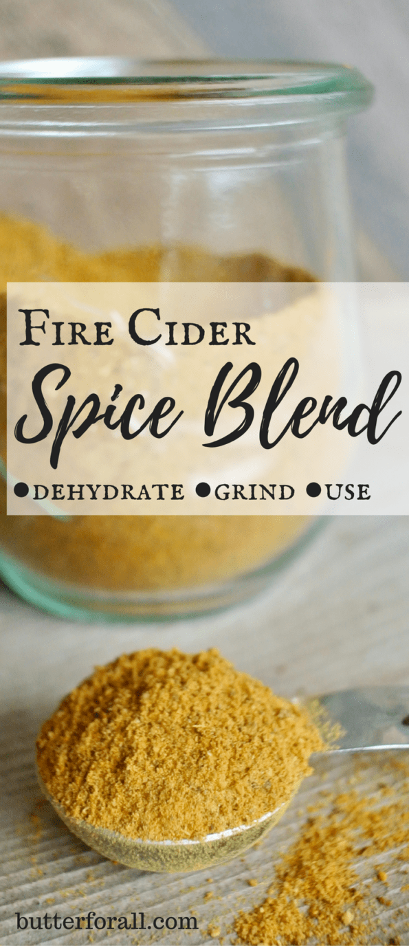 A jar of dehydrated fire cider spice blend with text overlay for Pinterest.