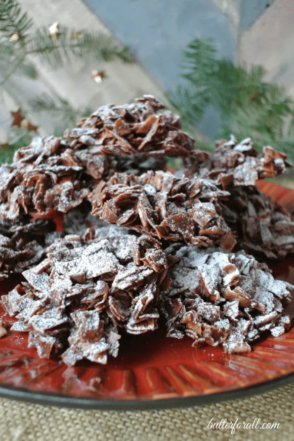 A close-up of raw cacao and coconut haystacks.