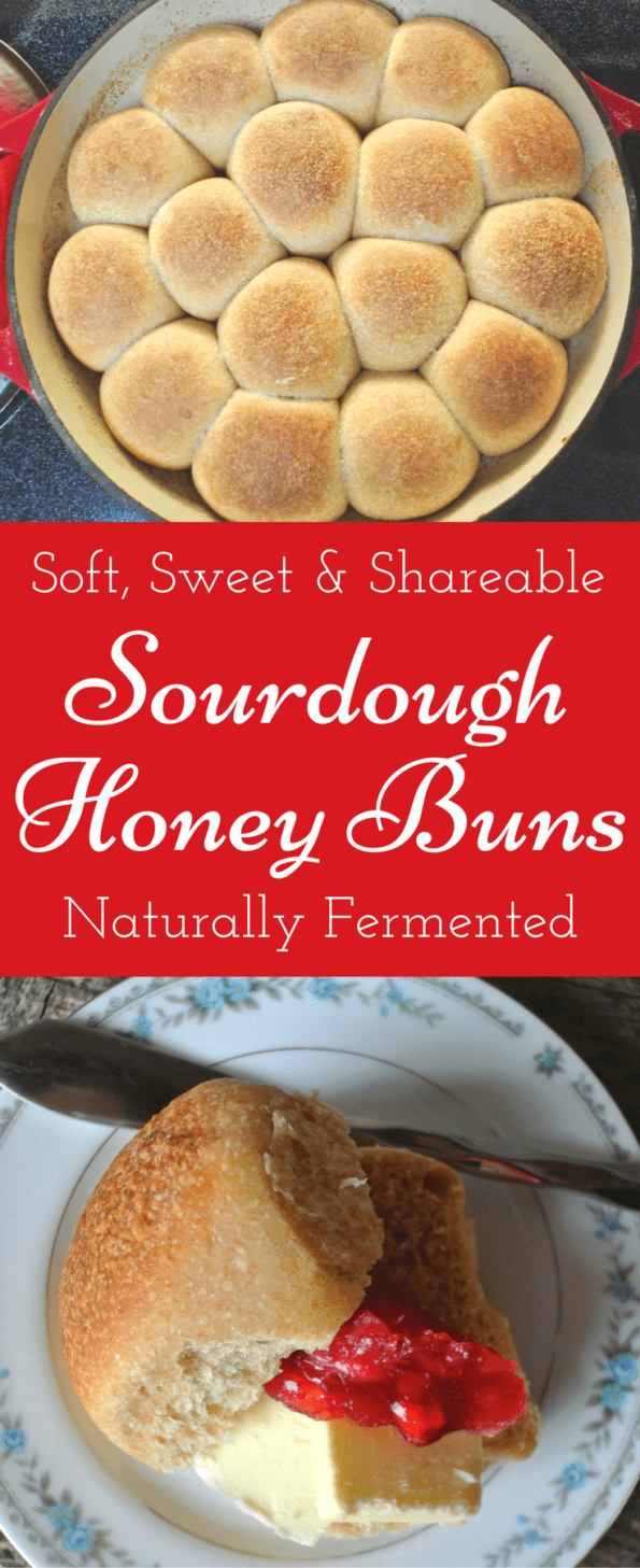 A collage of sweet, soft sourdough honey buns with text overlay.