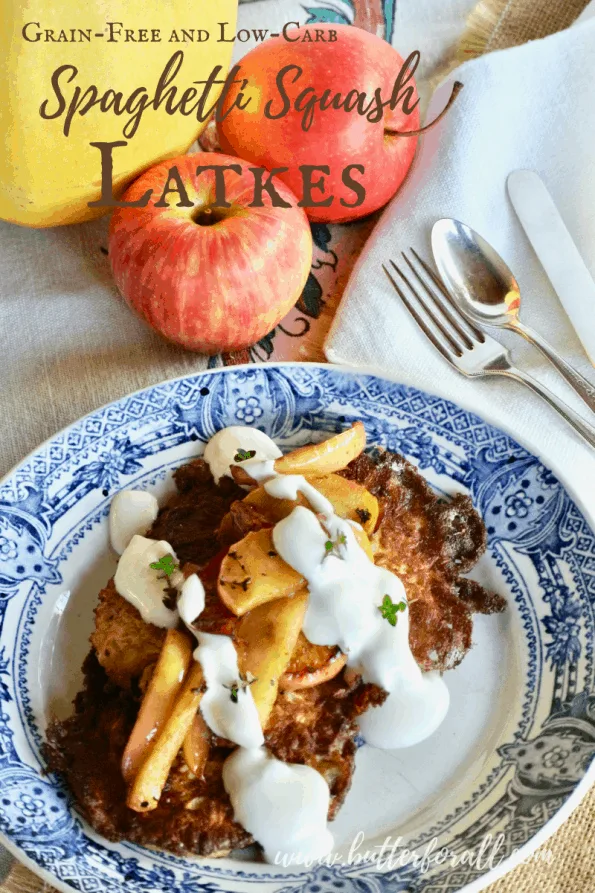 Collage of spaghetti squash latkes with text overlay for Pinterest.