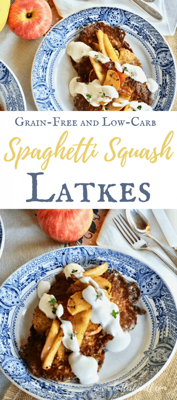 Collage of spaghetti squash latkes with text overlay for Pinterest.