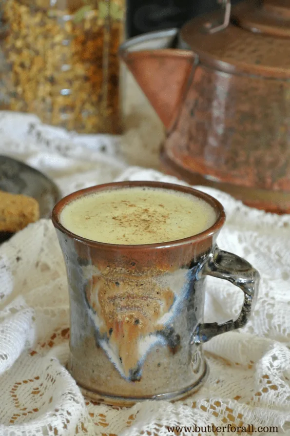 A mug of spicy buttered chai latte.