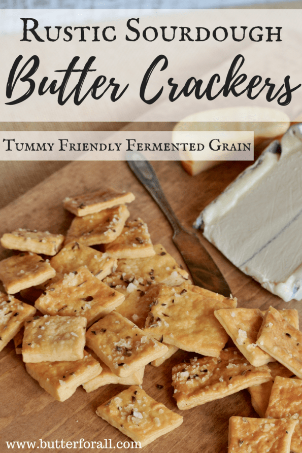 Rustic sourdough butter crackers with text overlay for Pinterest.