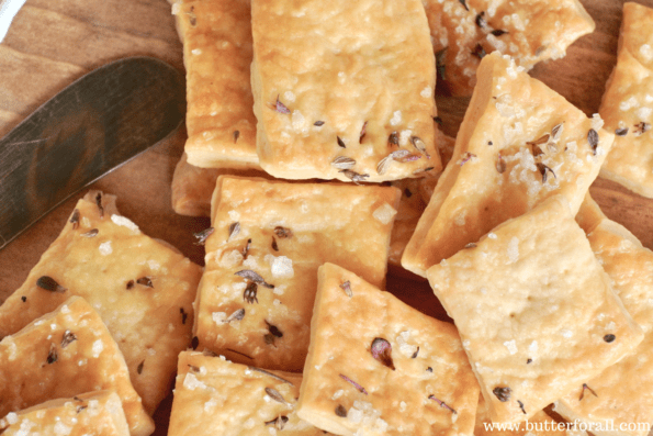 Close-up of the texture of rustic sourdough butter crackers.