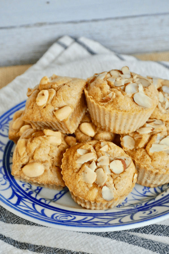 A plate of sourdough banana nut butter muffins.