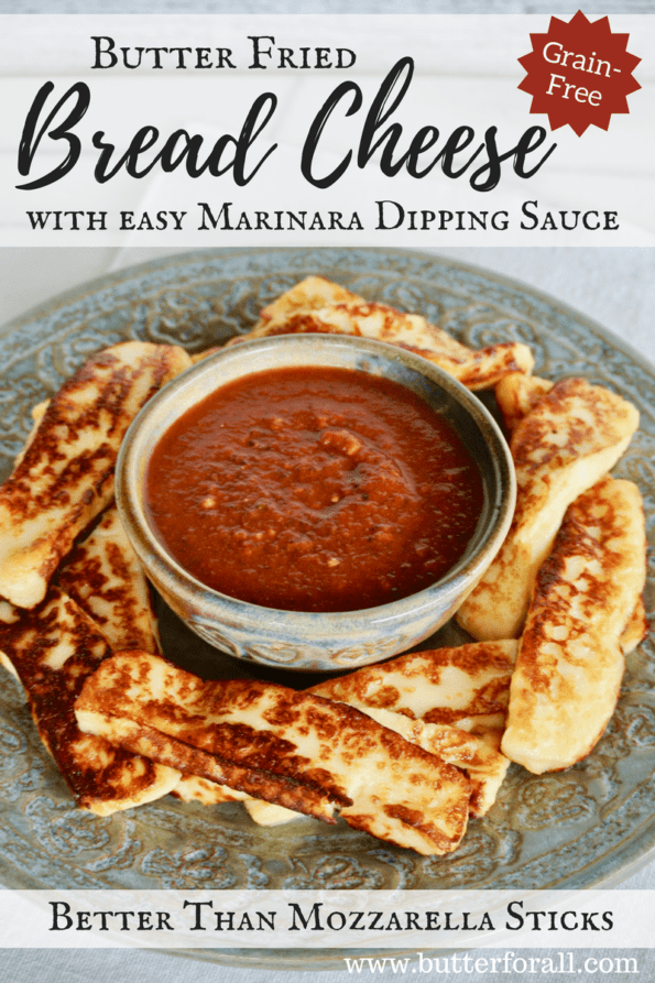 Grain-free butter-fried bread cheese sticks on a plate with marinara sauce with text overlay.