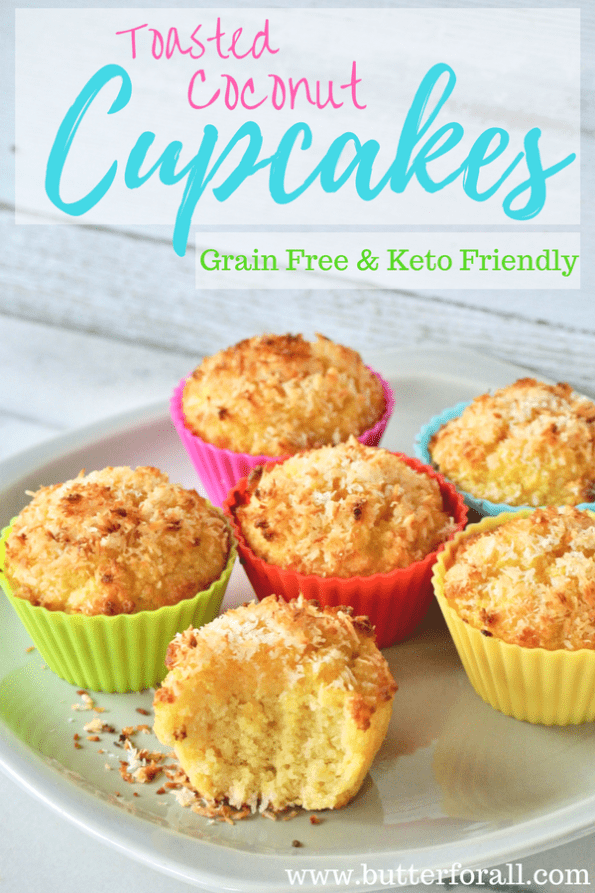 A tray of grain-free toasted coconut cupcakes with text overlay.